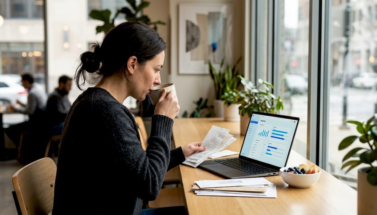 Woman organizing finances at sunlit kitchen table