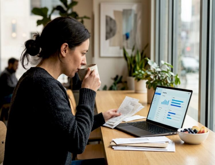 Woman organizing finances at sunlit kitchen table
