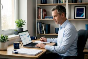 Man reviewing finances in a home office