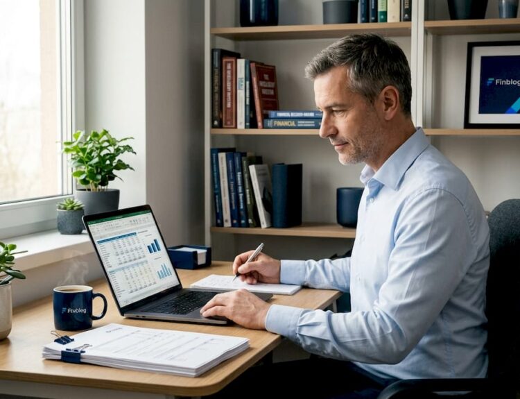 Man reviewing finances in a home office