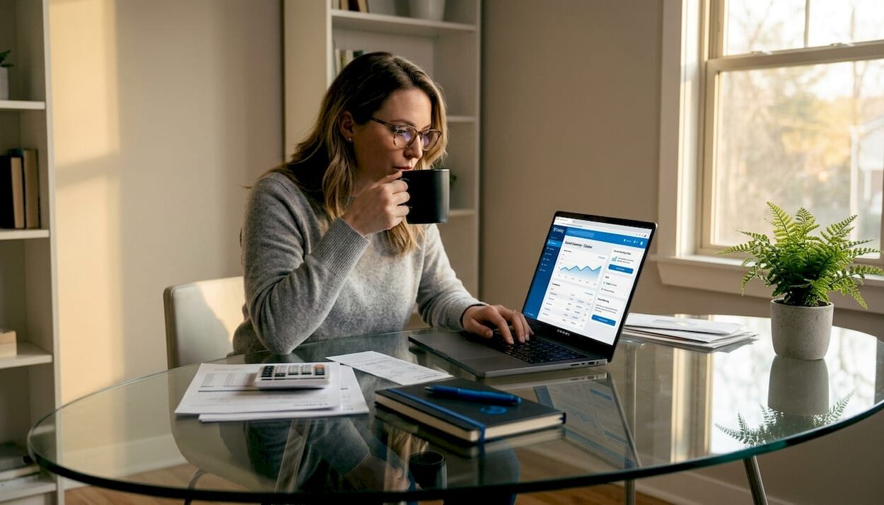 Woman checking banking on laptop at home office