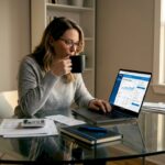 Woman checking banking on laptop at home office