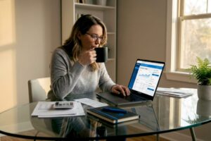 Woman checking banking on laptop at home office