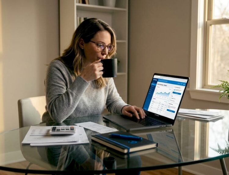 Woman checking banking on laptop at home office