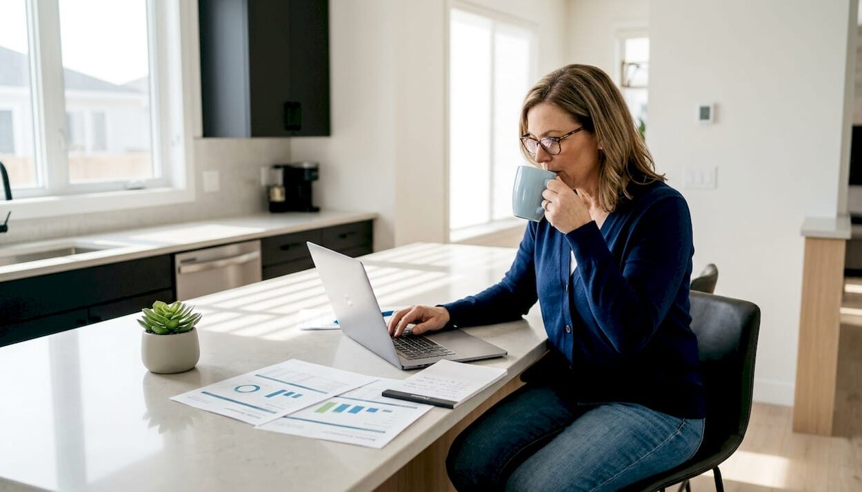 Investor reviewing portfolio at kitchen table