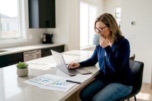 Investor reviewing portfolio at kitchen table