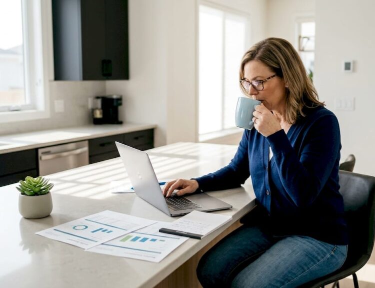 Investor reviewing portfolio at kitchen table