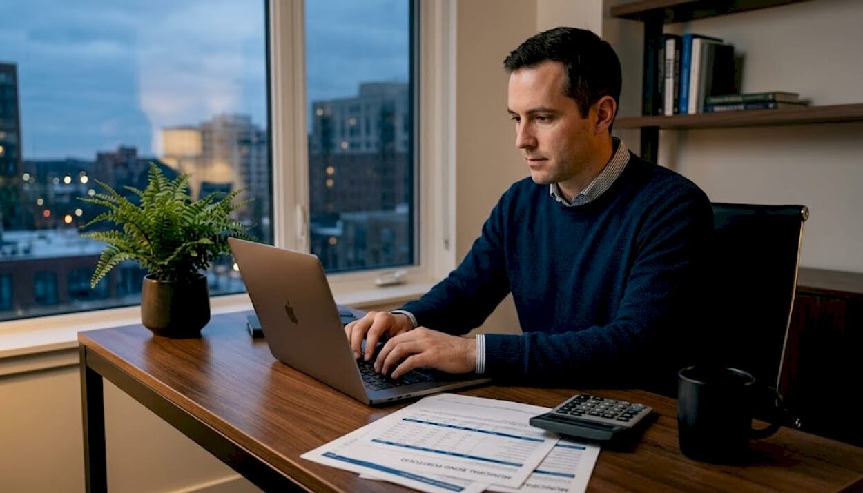 Investor working at home on bonds overview