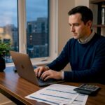 Investor working at home on bonds overview