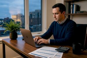 Investor working at home on bonds overview
