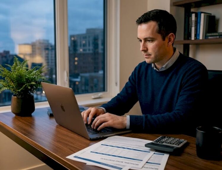 Investor working at home on bonds overview