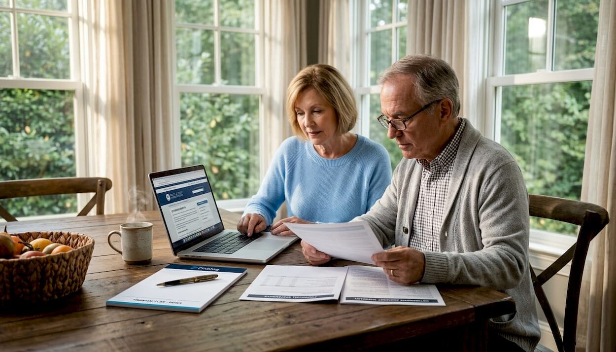 Retiree couple reviewing finances at kitchen table