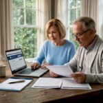 Retiree couple reviewing finances at kitchen table