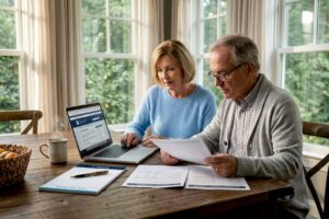 Retiree couple reviewing finances at kitchen table