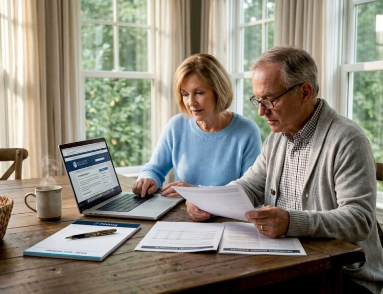 Retiree couple reviewing finances at kitchen table