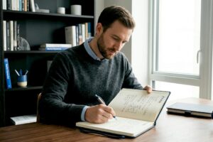 Financial advisor reviewing trust documents in office