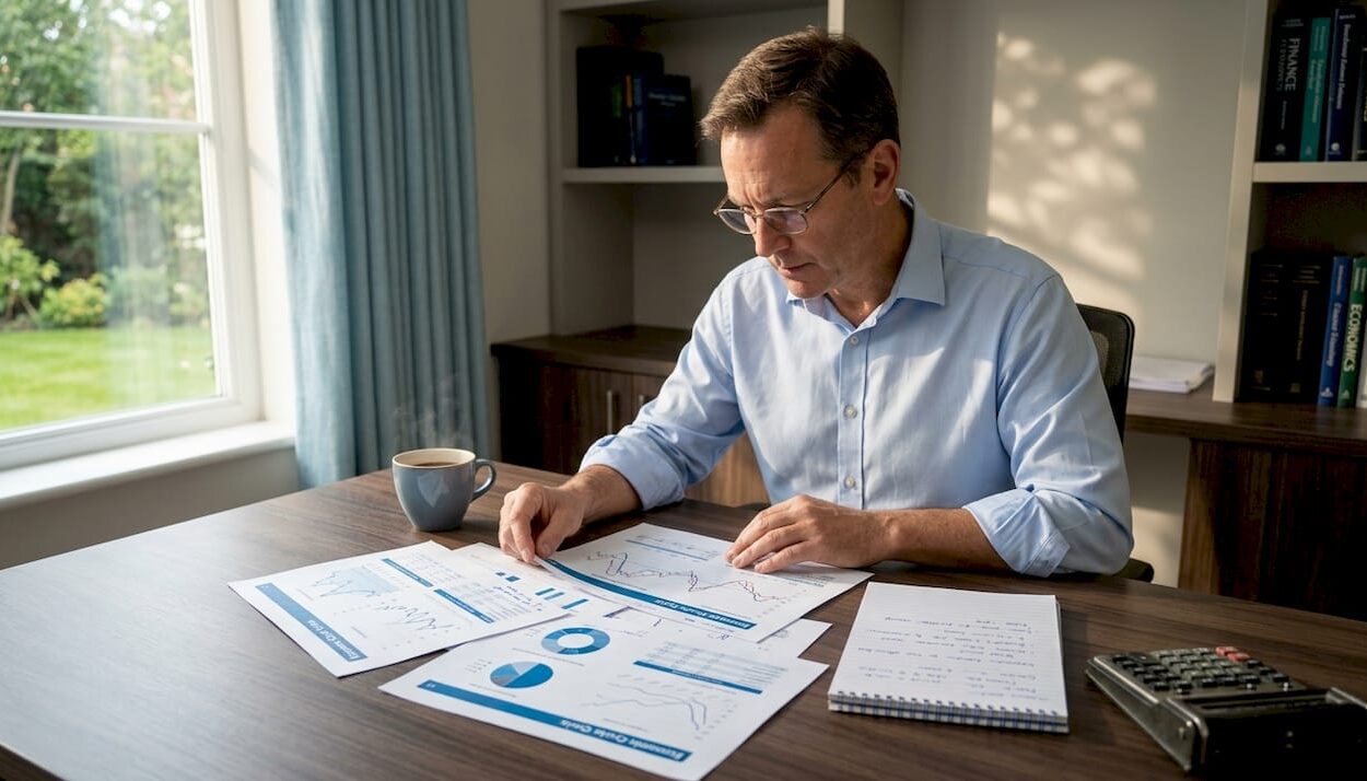 Investor reviewing economic cycle charts at desk