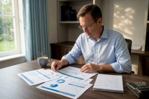 Investor reviewing economic cycle charts at desk