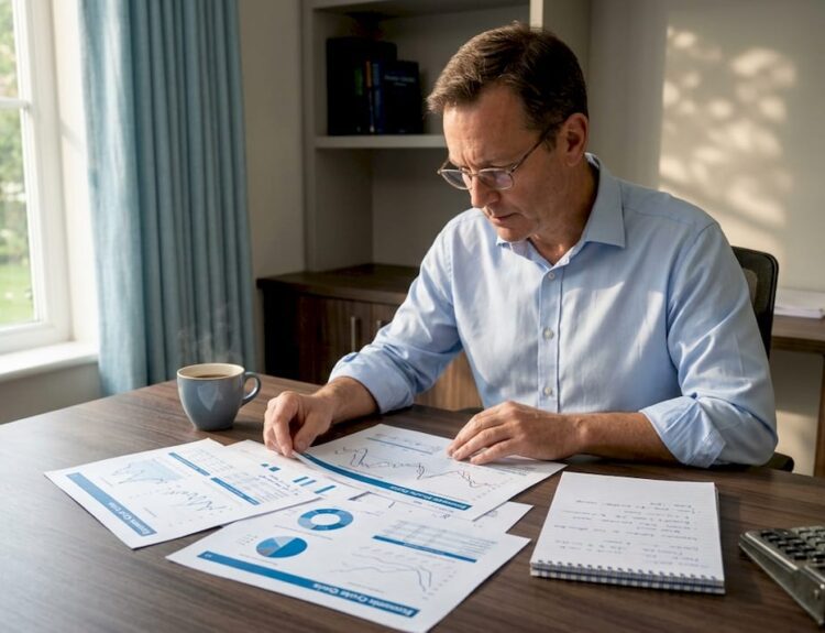 Investor reviewing economic cycle charts at desk