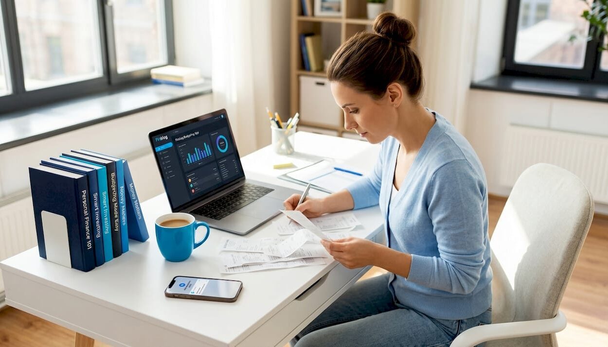 Woman organizing home budget papers