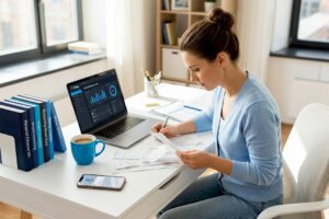 Woman organizing home budget papers