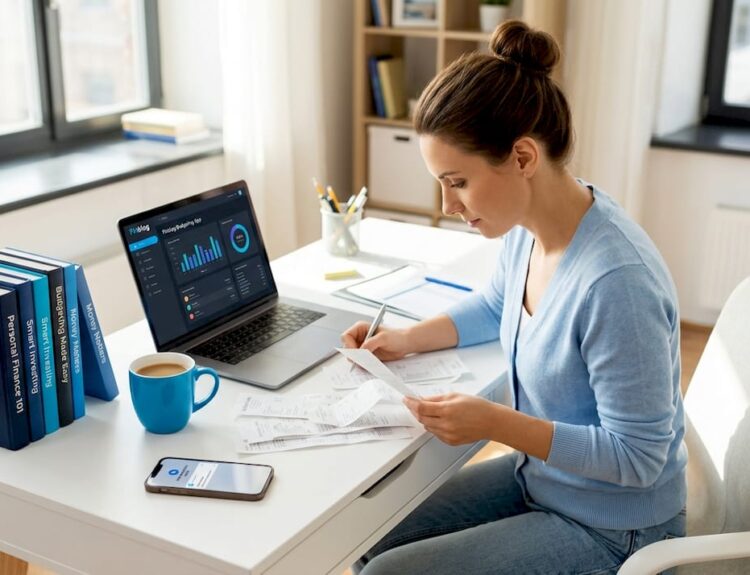 Woman organizing home budget papers