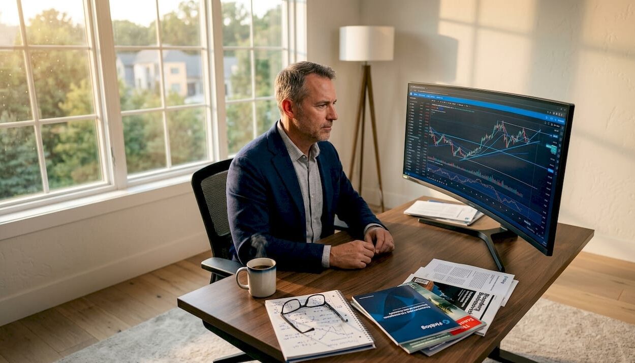 Investor analyzing stock charts at home desk