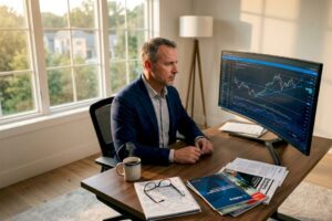 Investor analyzing stock charts at home desk