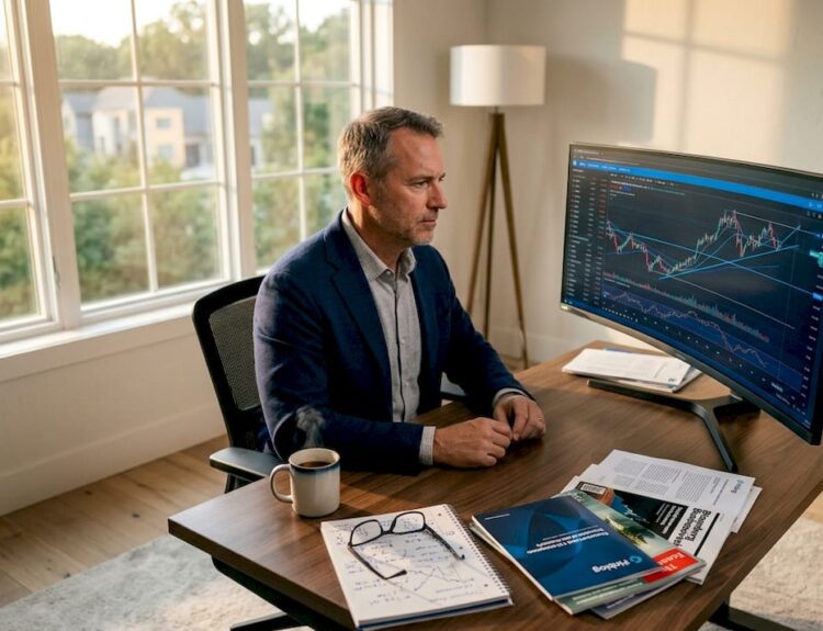 Investor analyzing stock charts at home desk