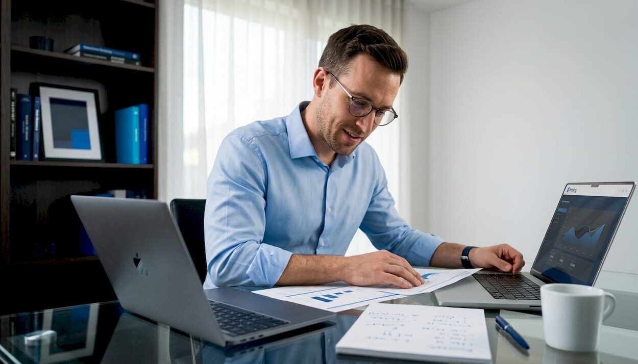Business analyst reviewing report in sunlit home office