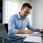 Business analyst reviewing report in sunlit home office