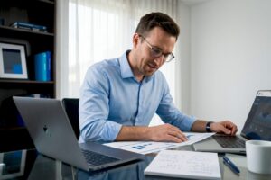 Business analyst reviewing report in sunlit home office