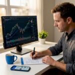 Beginner investor studying stock charts at home office