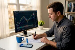 Beginner investor studying stock charts at home office