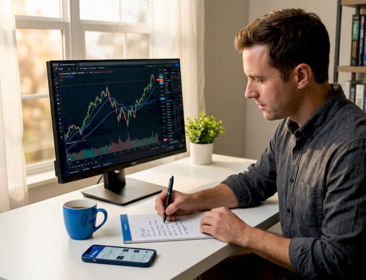 Beginner investor studying stock charts at home office