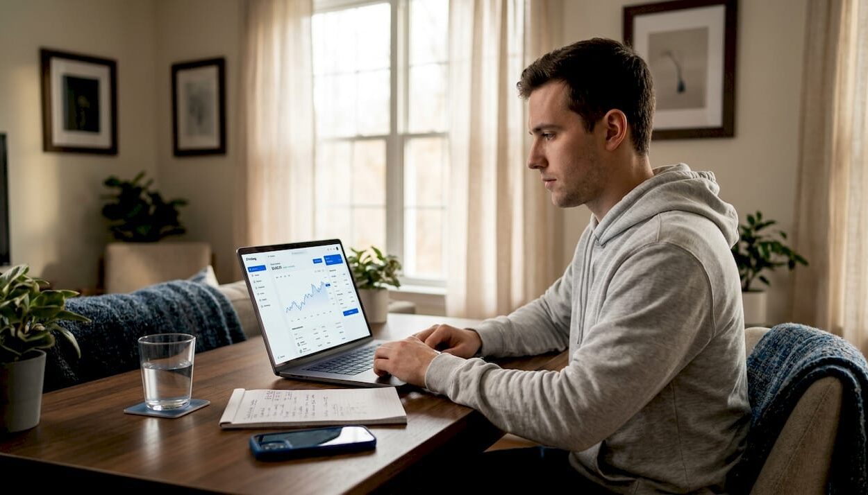 Beginner investor using laptop at home office
