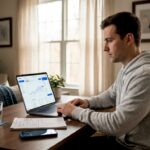 Beginner investor using laptop at home office