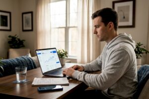Beginner investor using laptop at home office