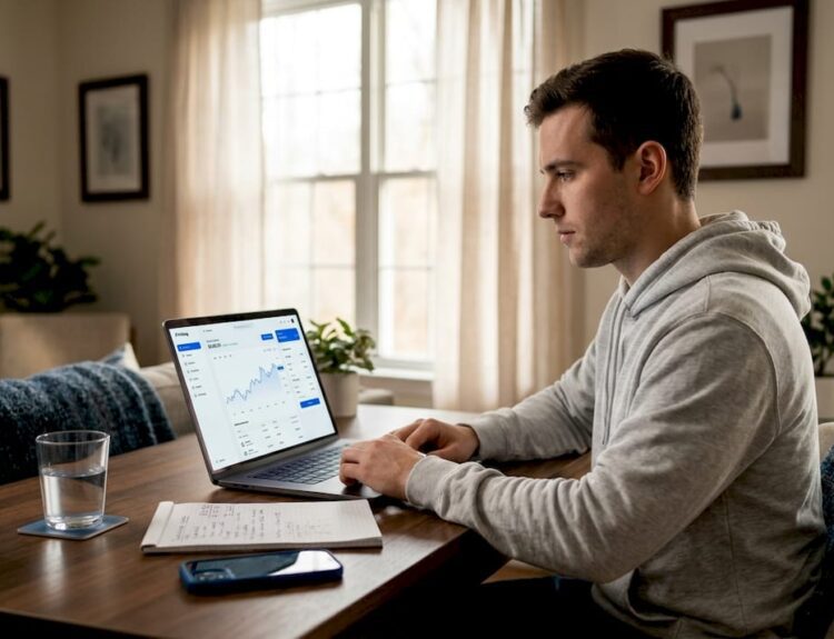 Beginner investor using laptop at home office