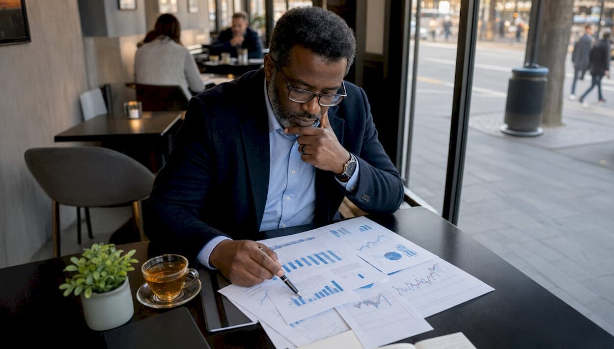 Economist reviewing economic reports in home study