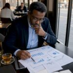 Economist reviewing economic reports in home study