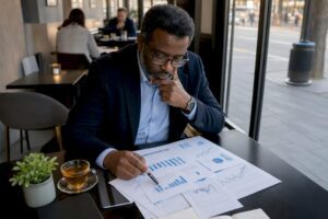 Economist reviewing economic reports in home study