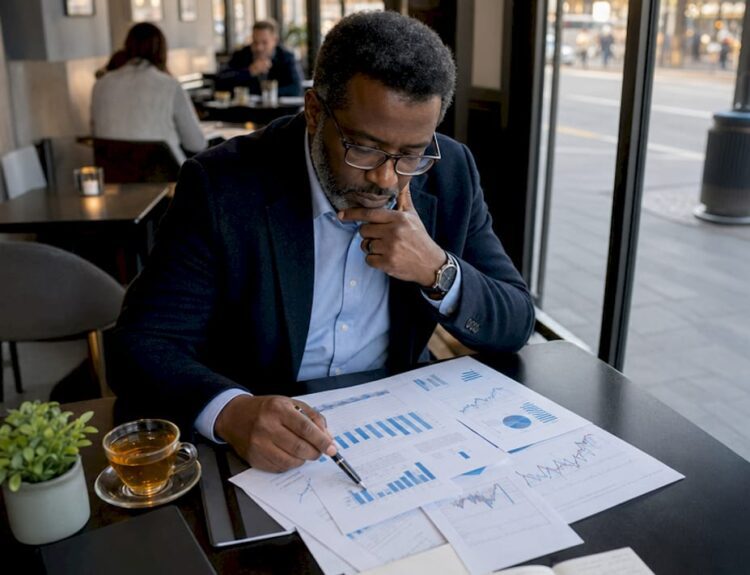 Economist reviewing economic reports in home study