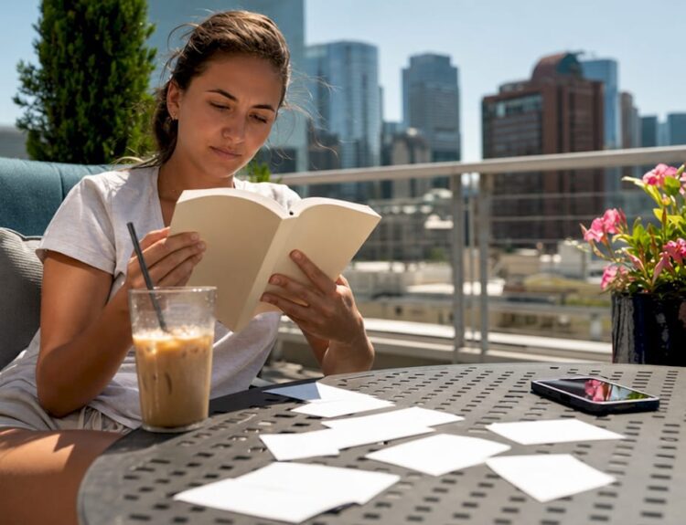 Young woman reading investing book at kitchen table