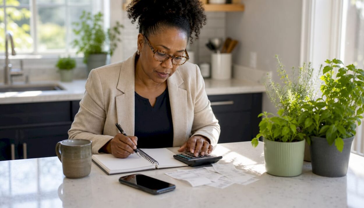 Woman calculating compound interest at home desk