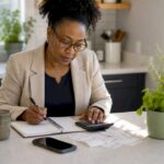 Woman calculating compound interest at home desk