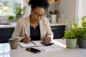 Woman calculating compound interest at home desk
