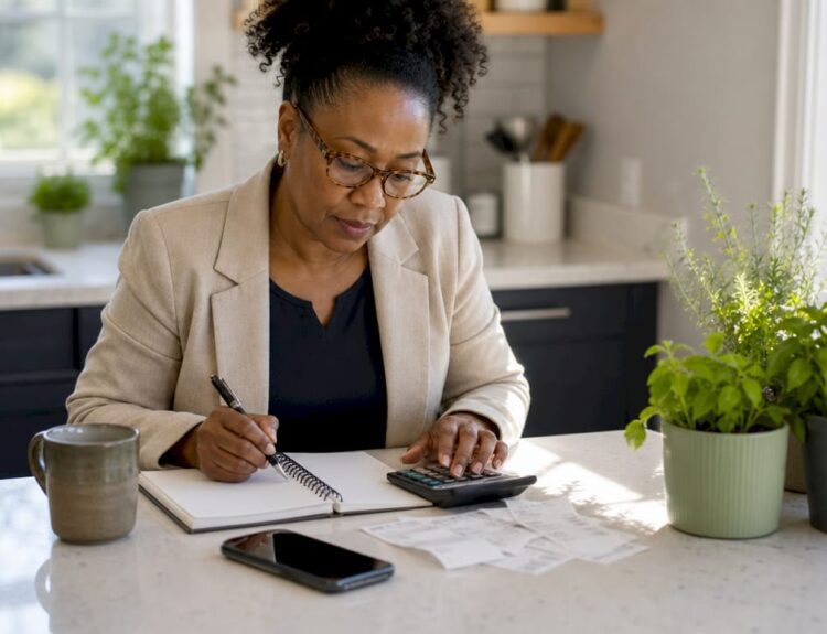 Woman calculating compound interest at home desk