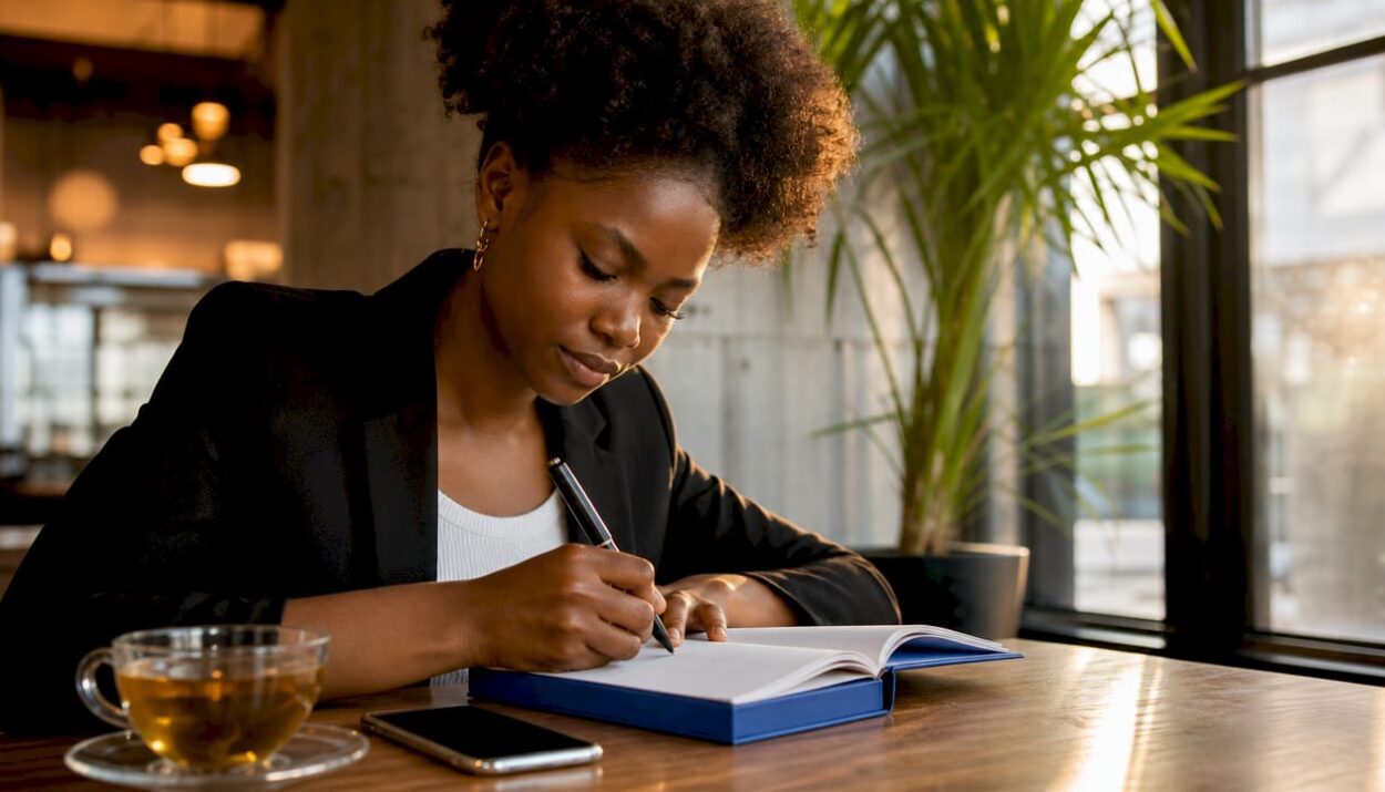 Woman writing goals in home office planner