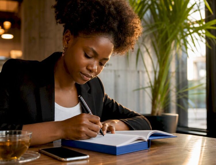 Woman writing goals in home office planner